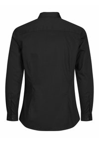 Schwarzes Langarmshirt aus glattem, gewobenem Stoff. Verfügt über einen klassischen Kragen, Knopfmanschetten und eine taillierte Passform. Schlichtes Rückendesign.