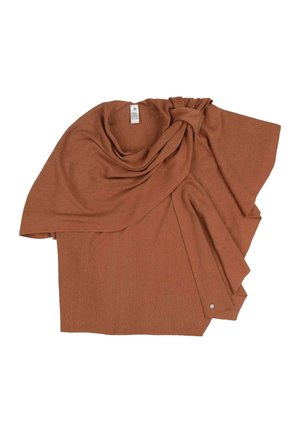 Brauner Strickponcho mit drapiertem Vorderteil und einem geknoteten Detail nahe dem Halsausschnitt, flach auf weißem Hintergrund ausgelegt.