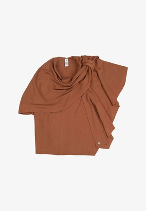 Bruine gebreide poncho met een gedrapeerd voorpand en een geknoopt detail bij de halslijn, plat gelegd op een witte achtergrond.