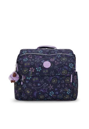 Zaino in tessuto navy decorato con motivi floreali e stelle colorate, con una parte superiore con zip, tasca frontale e un charm a forma di scimmia viola attaccato.