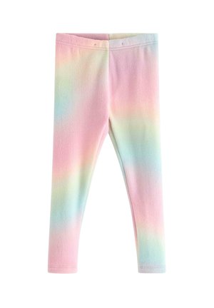 Bløde fleece leggings med en pastel regnbuegradient i pink, blå, gul og grønne toner, vist fladt mod en hvid baggrund.