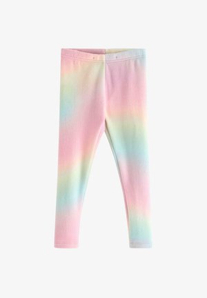 Bløde fleece leggings med en pastel regnbuegradient i pink, blå, gul og grønne toner, vist fladt mod en hvid baggrund.