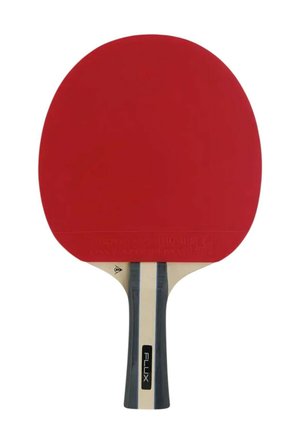Racchetta da ping pong con superficie in gomma rossa e manico in legno con etichetta FLUX, mostrata su sfondo bianco.