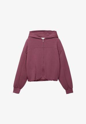 Burgundi kapucnis pulóver elől cipzárral, laza szabással, rugalmas mandzsettákkal és aljjal, puha textil anyagból készült. Simaság jellemzi, minták nélkül.
