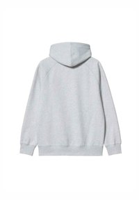 Felpa grigia con cappuccio, dal taglio rilassato, texture morbida, polsini e orlo a coste. Il design presenta maniche raglan e una parte posteriore semplice e senza decorazioni.