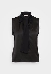 Blusa nera senza maniche con un dettaglio a fiocco e accenti plissettati. Realizzata in tessuto lucido, presenta un colletto privo di scollatura.