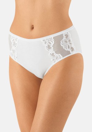 White women's high-waist briefs with floral lace mesh panels on hips, worn by a standing model showing midsection and upper thighs.