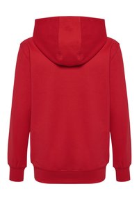 Felpa rossa con cappuccio e lacci, maniche lunghe, polsini e orlo a costine. Tessuto liscio, colore uniforme, vista posteriore che mostra i dettagli della cucitura.