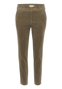 Pantaloni in corduroy verde oliva con vestibilità slim, vita a media altezza e texture liscia. Presentano tasche discrete e dettagli di cucitura pulita.
