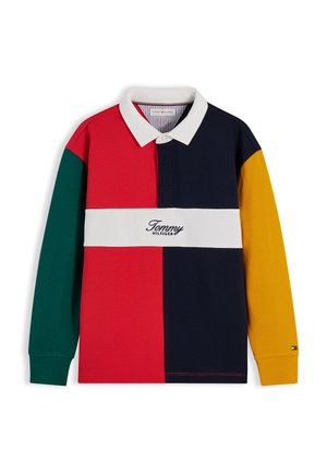 Langærmet polo med hvid krave, color-block paneler i rød, grøn, sort og gul samt Tommy Hilfiger-logo over brystet.