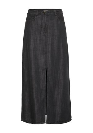 Black denim skirt with a straight cut, featuring a front slit, belt loops, and front pockets. Smooth texture and standard waistband detail.