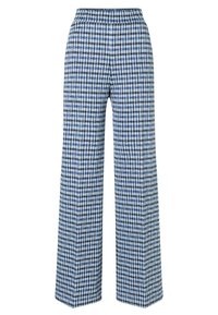 Pantalons larges en tissu avec un motif pied-de-poule bleu et blanc. La taille est élastique pour un confort optimal et une facilité d'enfilage.