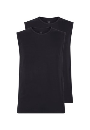 Due canotte nere semplici con collo tondo, impilate con una leggermente dietro l'altra su uno sfondo bianco.