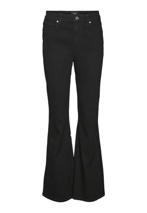 Černé zvonové džíny vyrobené z denimové látky, s klasickým designem pěti kapes, předním zapínáním na knoflík a zpevněným švem.