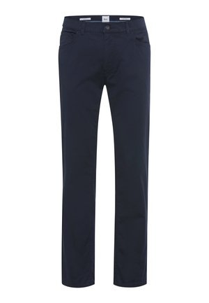 Marineblaue Hose aus einer Baumwollmischung, mit geradem Bein, Vordertaschen und einem Knopfverschluss vorne.