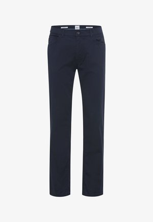 Marineblaue Hose aus einer Baumwollmischung, mit geradem Bein, Vordertaschen und einem Knopfverschluss vorne.