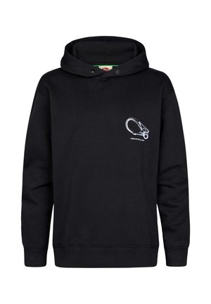 Zwarte hoodie met lange mouwen en een kleine witte karabijnhaak afbeelding en tekst op het linkerborstgebied.