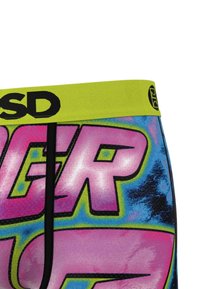 Fargerike boxertruser med et livlig rosa og blått grafisk design, svart kontur og et lyst gult elastisk midjebånd med logo.