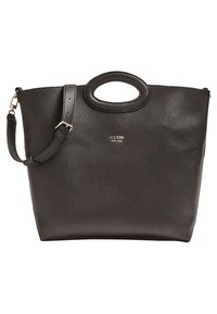 Sac cabas en cuir noir avec une surface texturée, des poignées supérieures arrondies, une bandoulière amovible et un logo doré à l'avant.
