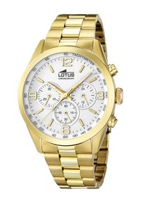 Orologio cronografo in acciaio inossidabile dorato con quadrante argento, tre sotto-quadranti, numeri grandi e scala tachimetrica attorno alla lunetta.