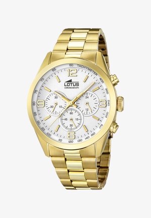 Reloj cronógrafo de acero inoxidable dorado con esfera plateada, tres subesferas, grandes números y una escala taquimétrica alrededor del bisel.