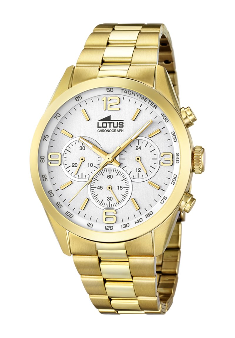 Orologio cronografo in acciaio inossidabile dorato con quadrante argento, tre sotto-quadranti, numeri grandi e scala tachimetrica attorno alla lunetta.