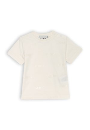 T-shirt a maniche corte color crema con logo "ICEBERG" in rilievo su tutta la superficie e un bottone a pressione sulla spalla per una facile vestibilità. Materiale in cotone morbido.