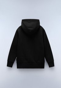 Zwarte sweater met capuchon, met een gladde textuur, ribbelmanchetten en een schone achterkant. Geen zichtbare logo's of versieringen.
