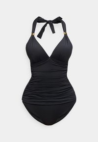 Μαύρο ολόσωμο μαγιό με ρυτιδωμένη περιοχή στην κοιλιά, δετό στον λαιμό και λεπτομέρειες από χρυσαφί κρίκους στα λουριά.