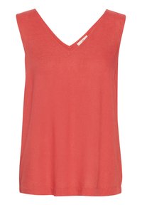 Coral sleeveless top with a V-neckline, made of lightweight fabric. Features a relaxed fit and smooth texture, with no additional patterns or accents.