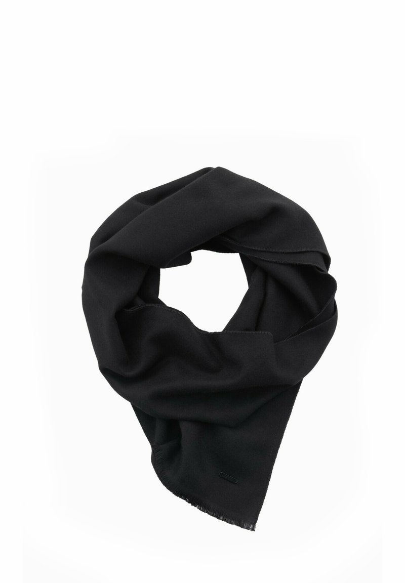 Zwarte sjaal van zacht materiaal, met een gladde textuur en onafgewerkte randen. Gevormd in een lusvorm, heeft het een eenvoudig ontwerp.