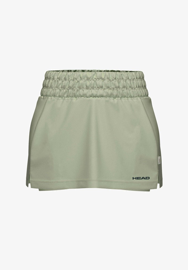 Falda deportiva verde claro con cinturilla ancha elástica, aberturas laterales y logo "HEAD" en el dobladillo inferior derecho.