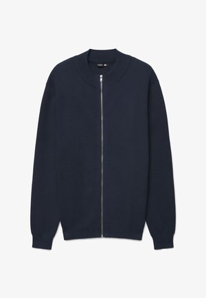 Maglione con cerniera blu navy in tessuto a maglia, caratterizzato da un colletto rotondo, maniche lunghe e polsini e orlo a coste. Design semplice e pulito senza decorazioni.