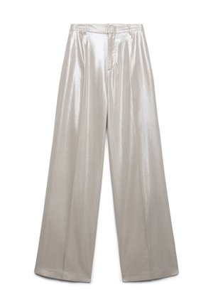 Wide-leg high-waist trousers in metallic silver with front pleats, belt loops, and a concealed front fastening.