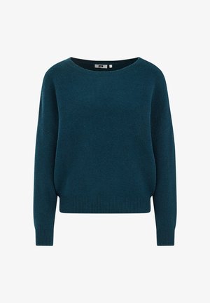 Türkiisi roheline kootud kampsun laia ümarate kaelustega, langenud õlgadega ning soonikkoes varrukate ja laudadega. Pehme tekstuur, lõdva istumisega, pikad varrukad.