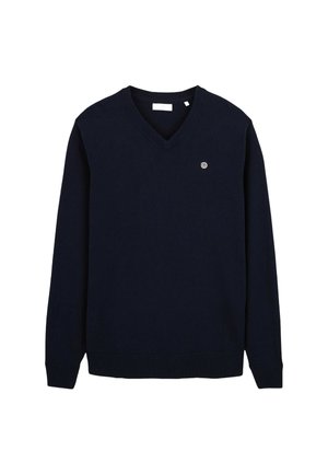 Pull bleu marine à manches longues avec col en V et petit logo rond sur la poitrine gauche, poignets et ourlet côtelés.