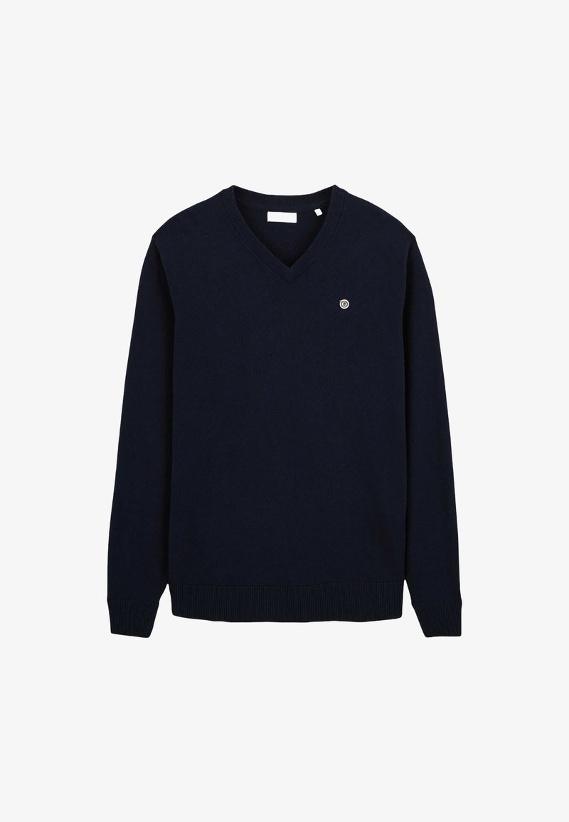 Pull bleu marine à manches longues avec col en V et petit logo rond sur la poitrine gauche, poignets et ourlet côtelés.