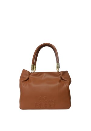 Borsa a mano in pelle marrone con manici intrecciati e dettagli in oro, con il logo "Love Moschino" in rilievo sul davanti.