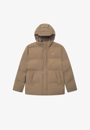 Giacca a vento marrone con cappuccio, caratterizzata da un design trapuntato, due tasche anteriori e una chiusura frontale con zip. Branding semplice sul petto.