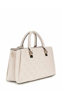 Borsa strutturata realizzata in materiale texturizzato rosa chiaro, dotata di due manici e una chiusura magnetica con accenti metallici.