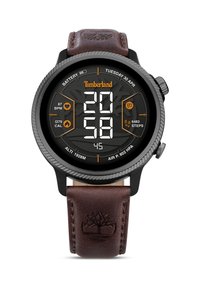 Digitale smartwatch met een ronde zwarte behuizing, een bruine leren band en een LCD-display dat tijd, stappen, hartslag en batterijniveau weergeeft.