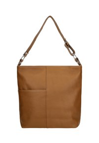 Bruine leren schoudertas met een plat ontwerp, enkele verstelbare schouderriem en een voorvak. Gladde textuur met minimale stikseldetails.