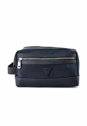 Donkerblauwe rechthoekige toilettas met een voorvak met rits, draaghandvat aan de zijkant en een verhoogd driehoekig logo op het voorpaneel.