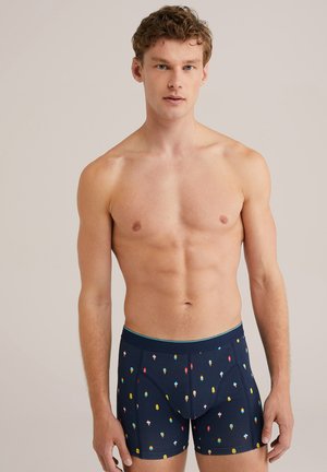 Herren Boxer Briefs in Marineblau mit bunten Eistüten-Mustern, elastischem Bund mit türkisfarbenen Akzenten und einem weichen, dehnbaren Stoff.