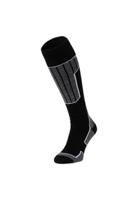 Zwarte kniehoge sok met grijze horizontale strepen en een textuur patroon. Verstevigde teen- en hakgebied, elastische boord bovenaan voor ondersteuning.