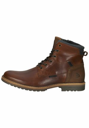 Braune Leder-Ankleboots mit glatter Oberfläche, runder Zehenpartie, metallenen Ösen und kontrastierendem dunkelgrauem Schaft. Gummisohle mit Profil.