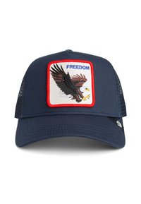 Tamna plava trucker kapa s mrežastim stranama sadrži izvezeni pečat orla obrubljenog crvenom bojom, s word "SLOBODA" iznad dizajna.