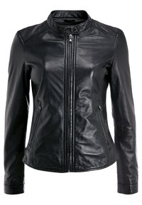 Svart läderjacka med hög krage, dragkedja fram och två sidofickor med dragkedja. Har en slät yta och en figursydd design.