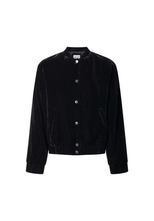 Giubbotto bomber in velluto nero con collo rotondo, chiusura a bottoni a pressione, tasche laterali e polsini ed orlo elastici. Texture liscia e design elegante.