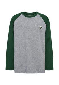 Langarmshirt met een grijze body en donkergroene raglanmouwen, met een klein groen geborduurd logo op de borst. Zachte katoenen stof.